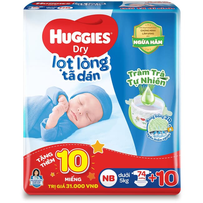 Tã dán lọt lòng Huggies Dry tràm trà